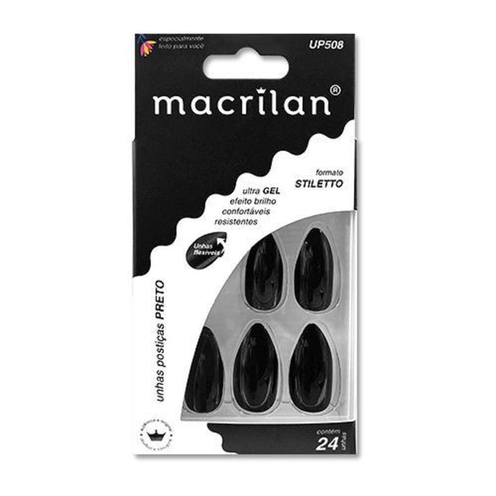 Unhas Postiças Macrilan Estilo Stiletto Preto UP508
