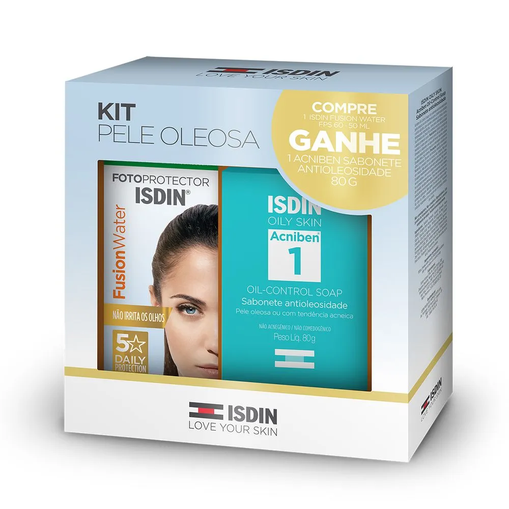 Kit Isdin Protetor Solar Fusion Water FPS60 50ml + Sabonete Facial Antioleosidade em Barra Oily Skin Acniben 1 Oil Control 80g