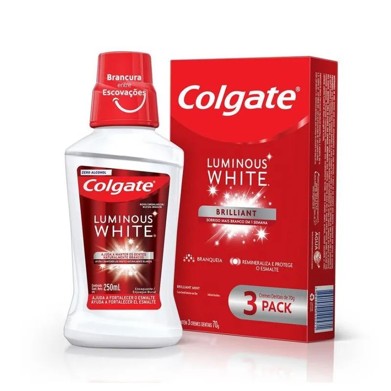 Kit Creme Dental Colgate Luminous White Com 3 Unidades de 70g + Enxaguante Bucal 250ml